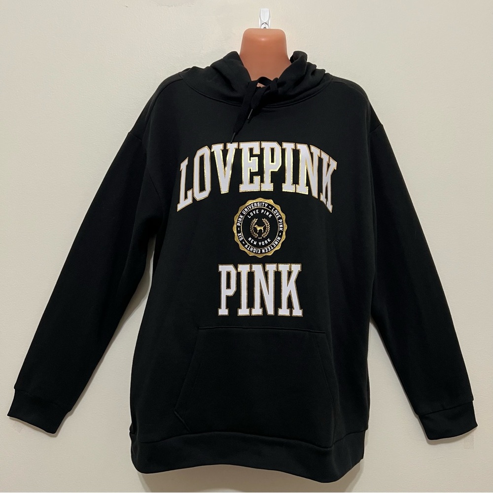 NWT Pink Victoria’s Secret Black Love Pink University Hoodie Oversized - Picture 3 of 9